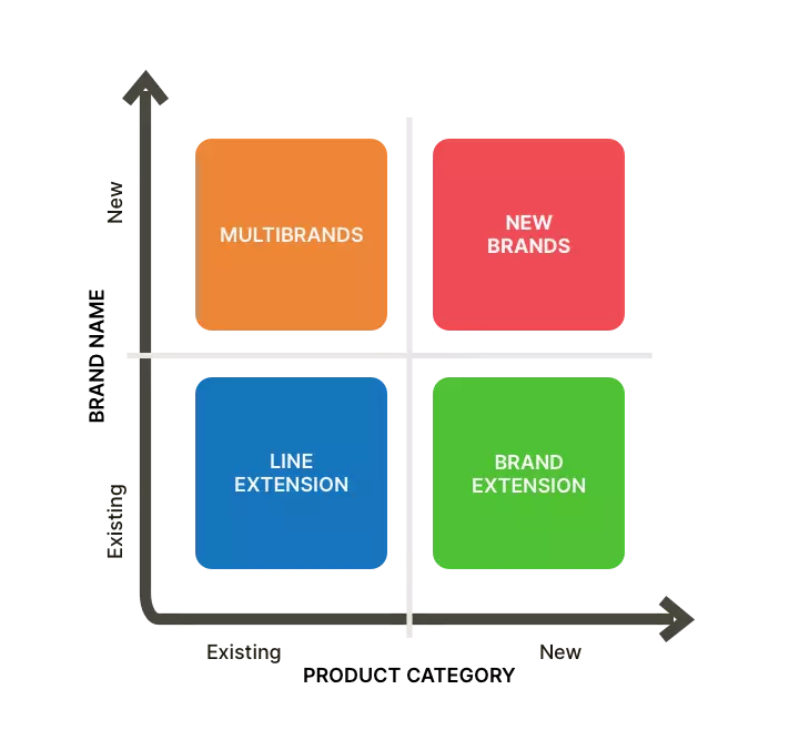 Branding Decisions Chart with four options: Multibrands, New Brands, Line Extension, and Brand Extension in vibrant colors.