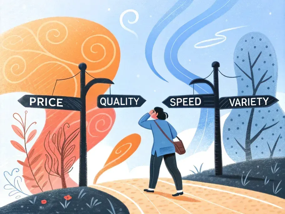 Abstract illustration of a person at a crossroads with signs labeled Price, Quality, Speed, and Variety against a surreal backdrop representing the challenge of finding a unique selling proposition in business