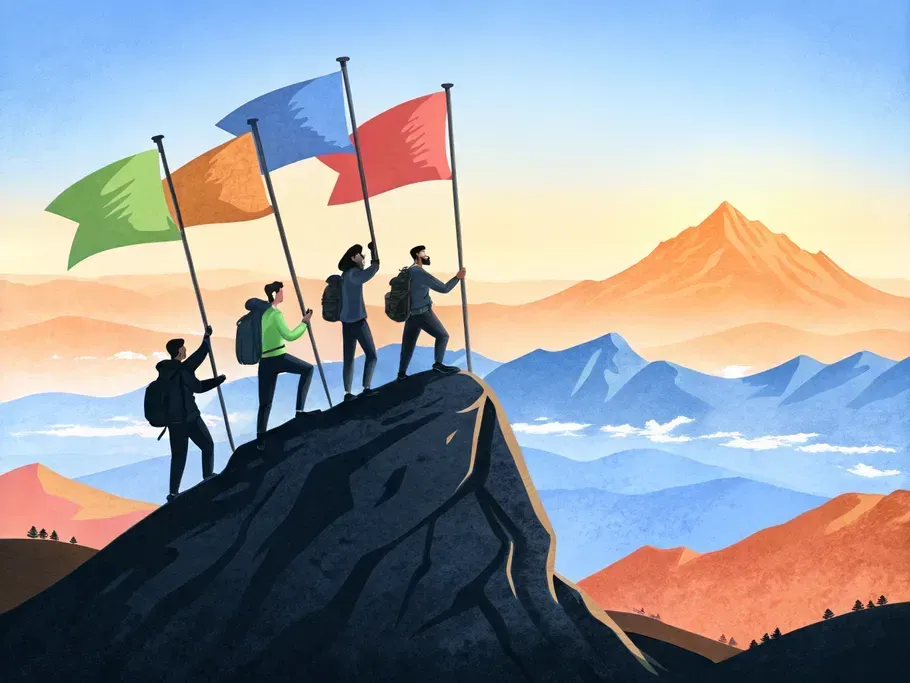 Group of individuals planting flags on a mountain peak, symbolizing unique brand positioning and marketing strategy development