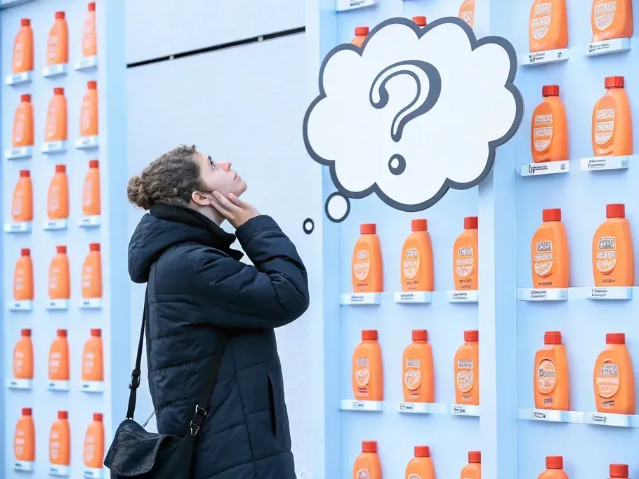 Woman puzzled by multiple identical orange product bottles, illustrating the importance of unique selling proposition