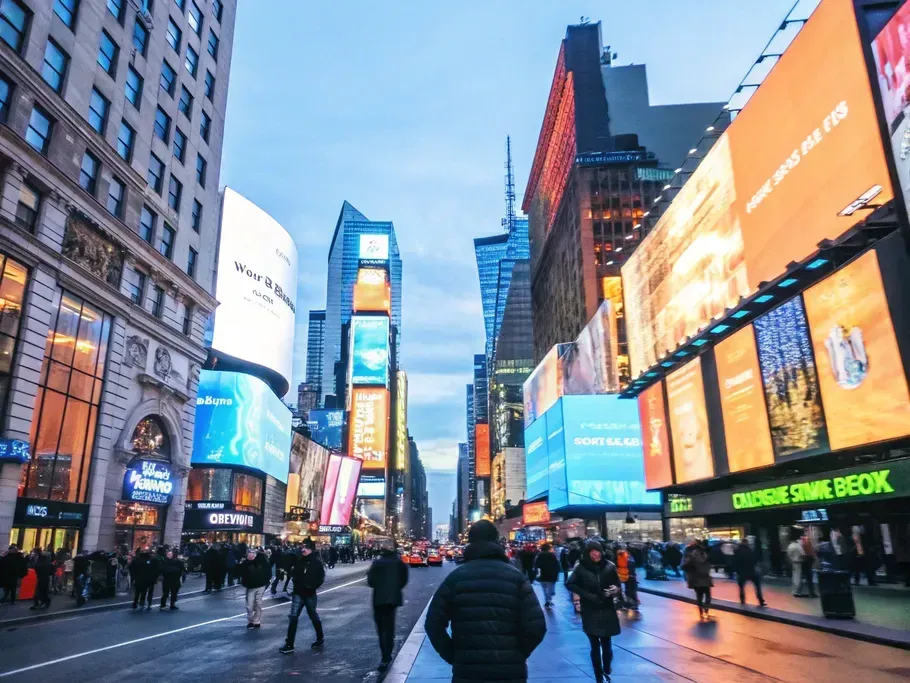 Busy city street illuminated by neon signs and digital billboards, symbolizing digital marketing impact