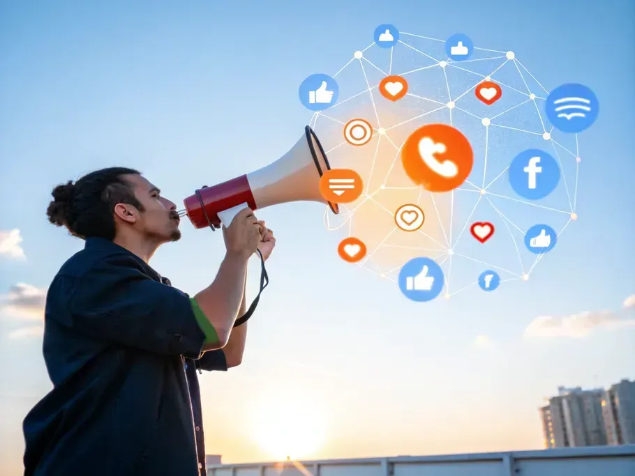 Man with megaphone projecting social media and communication icons against a sunset sky