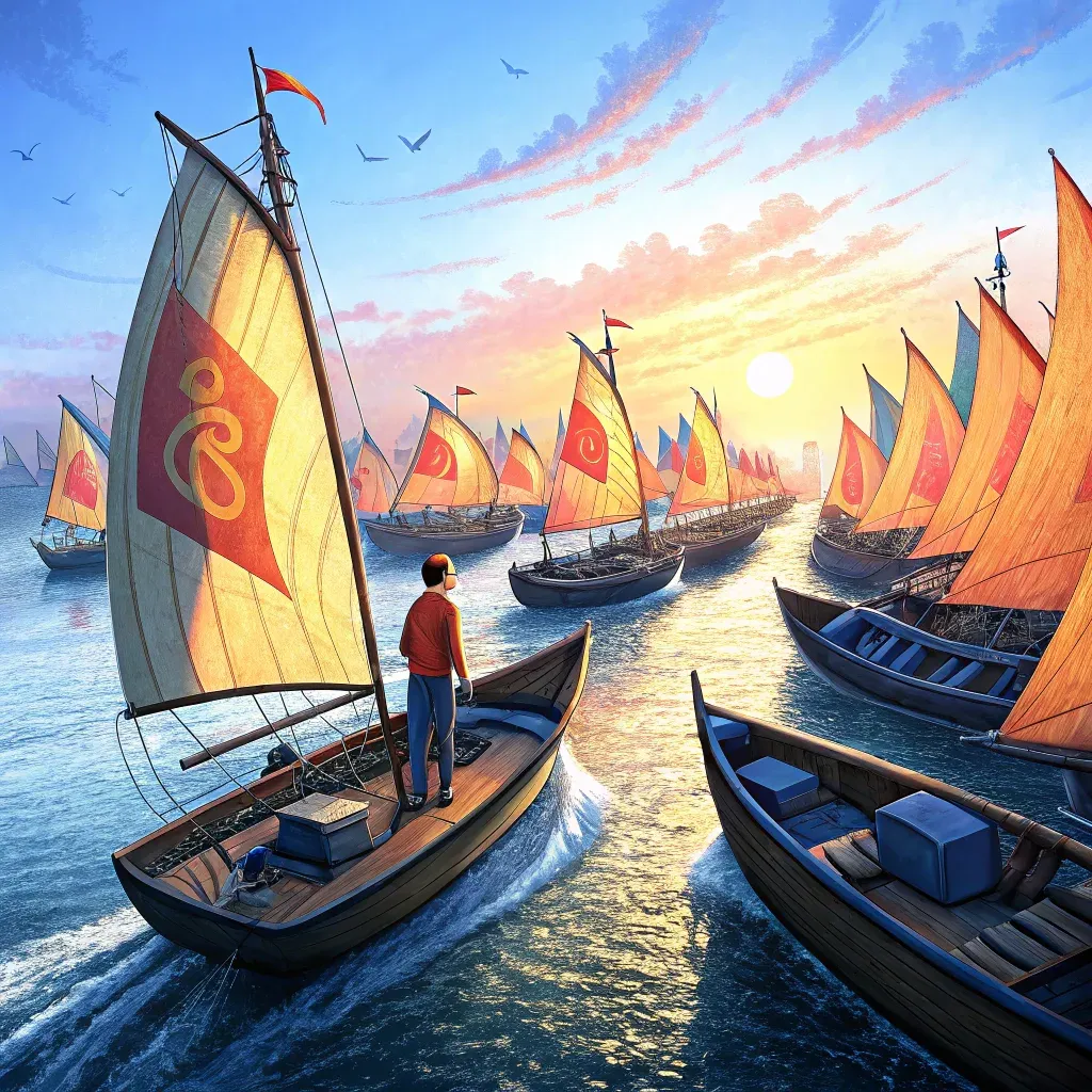 Illustration of multiple sailing boats with distinctive sails, symbolizing unique business differentiation and positioning strategies