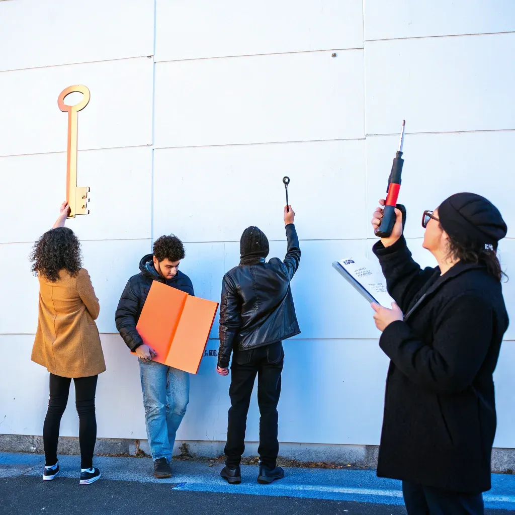 Four people collaborating to fit a golden key and a small black key into keyholes on a white wall