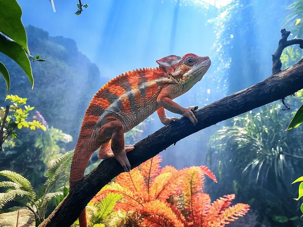 Colorful chameleon on a branch with a vivid backdrop of lush forest and sun rays