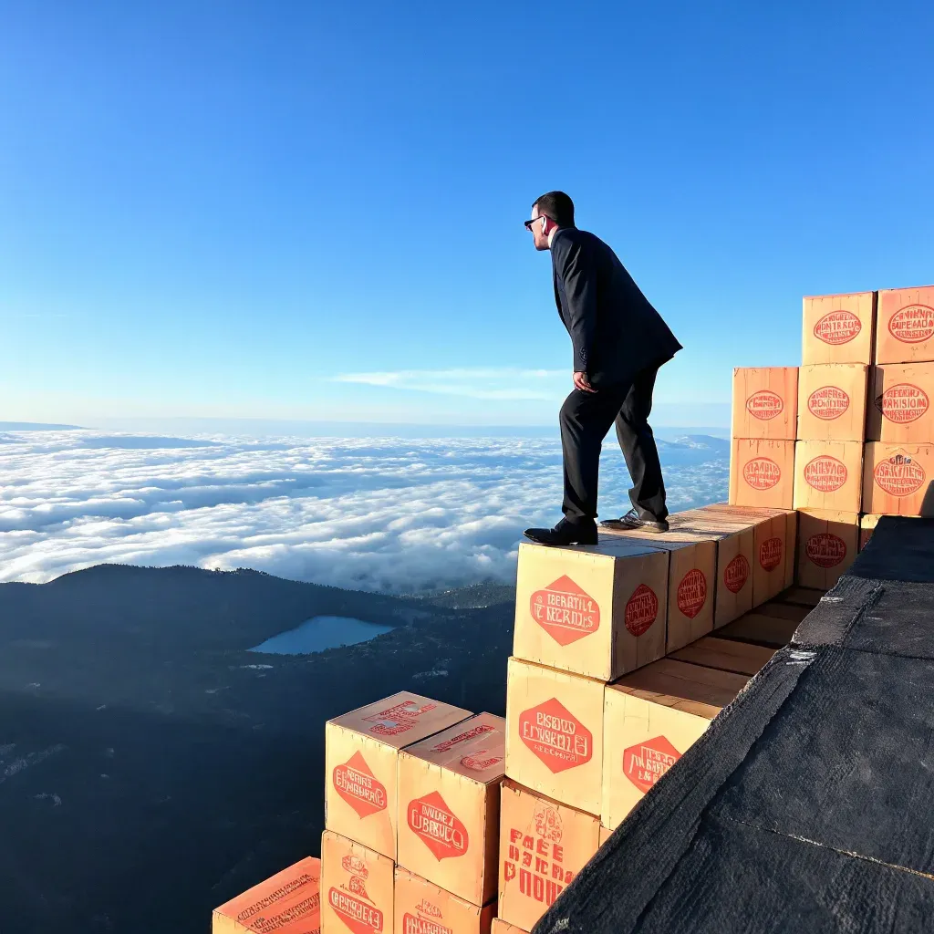 Man in suit standing atop branded boxes overlooking clouds and landscape
