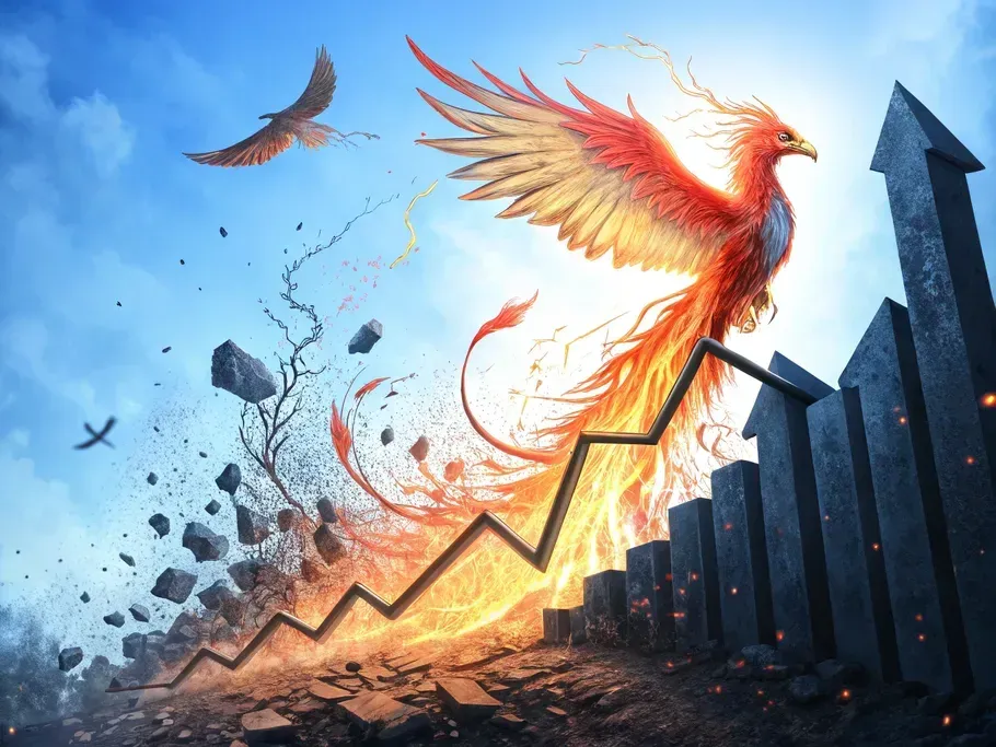 A phoenix rising among flaming debris illustrating business resurgence in an economic downturn