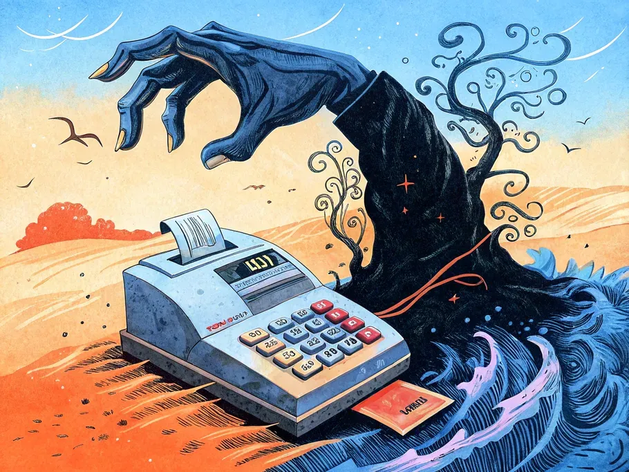 An illustrative depiction of a hand emerging from a turbulent sea, gripping a calculator among swirling economic symbols and waves, representing business resilience during economic downturns