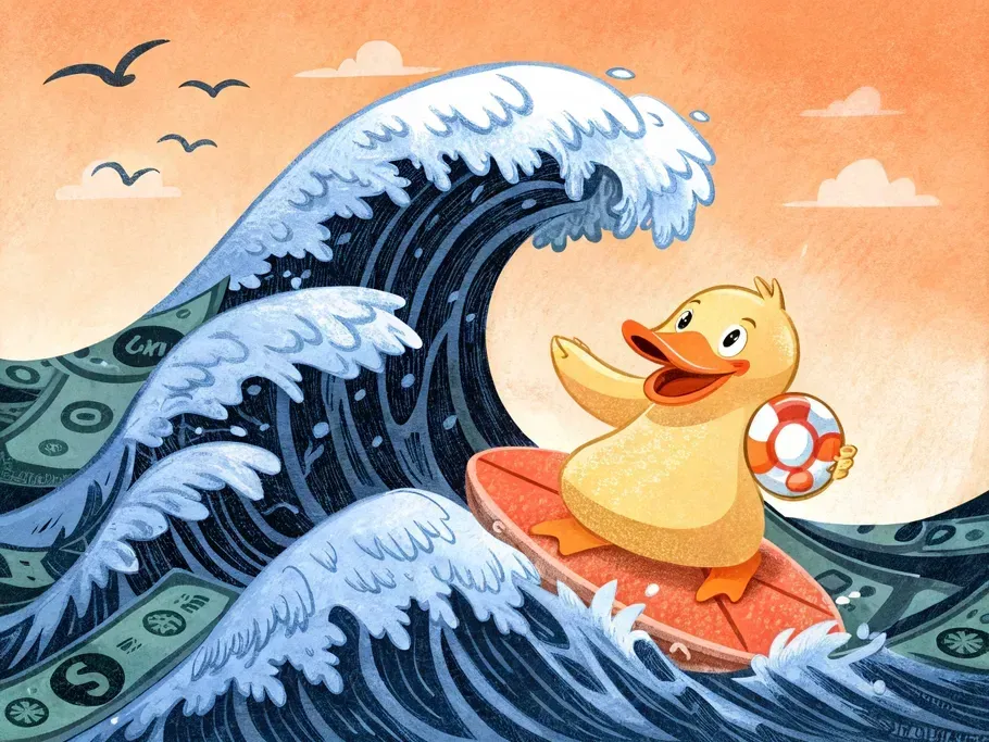 A cartoon duck surfing a wave of money highlighting business strategies during economic downturns