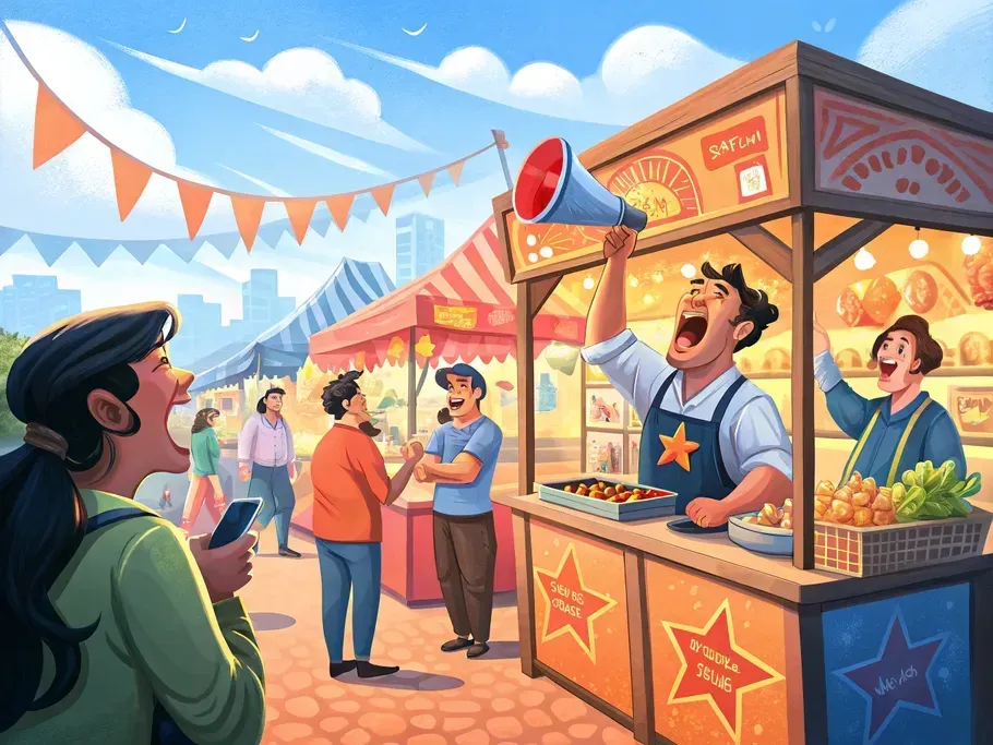 Illustration of a bustling market scene with vendors promoting their products to potential customers, symbolizing competitive market dynamics