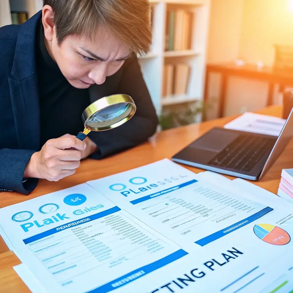 Business professional closely analyzing marketing plans with a magnifying glass