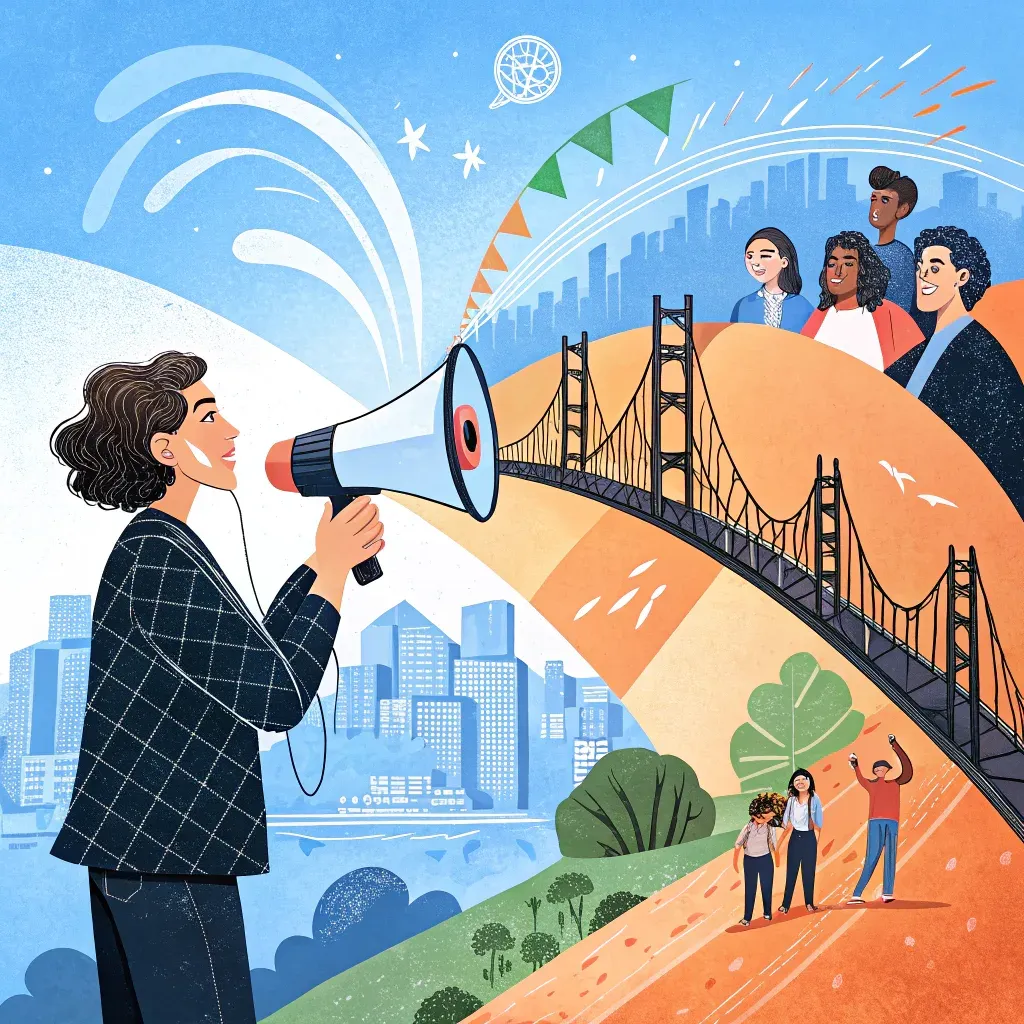 Illustration of a diverse group of people on a metaphorical bridge created by a person with a megaphone, symbolizing communication in marketing research
