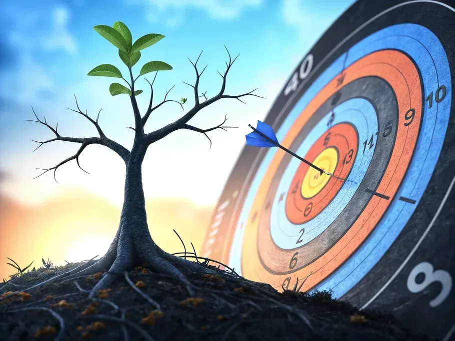An abstract image of a tree sprouting from a seed, symbolizing growth in targeted marketing, with vibrant targets representing different customer segments.
