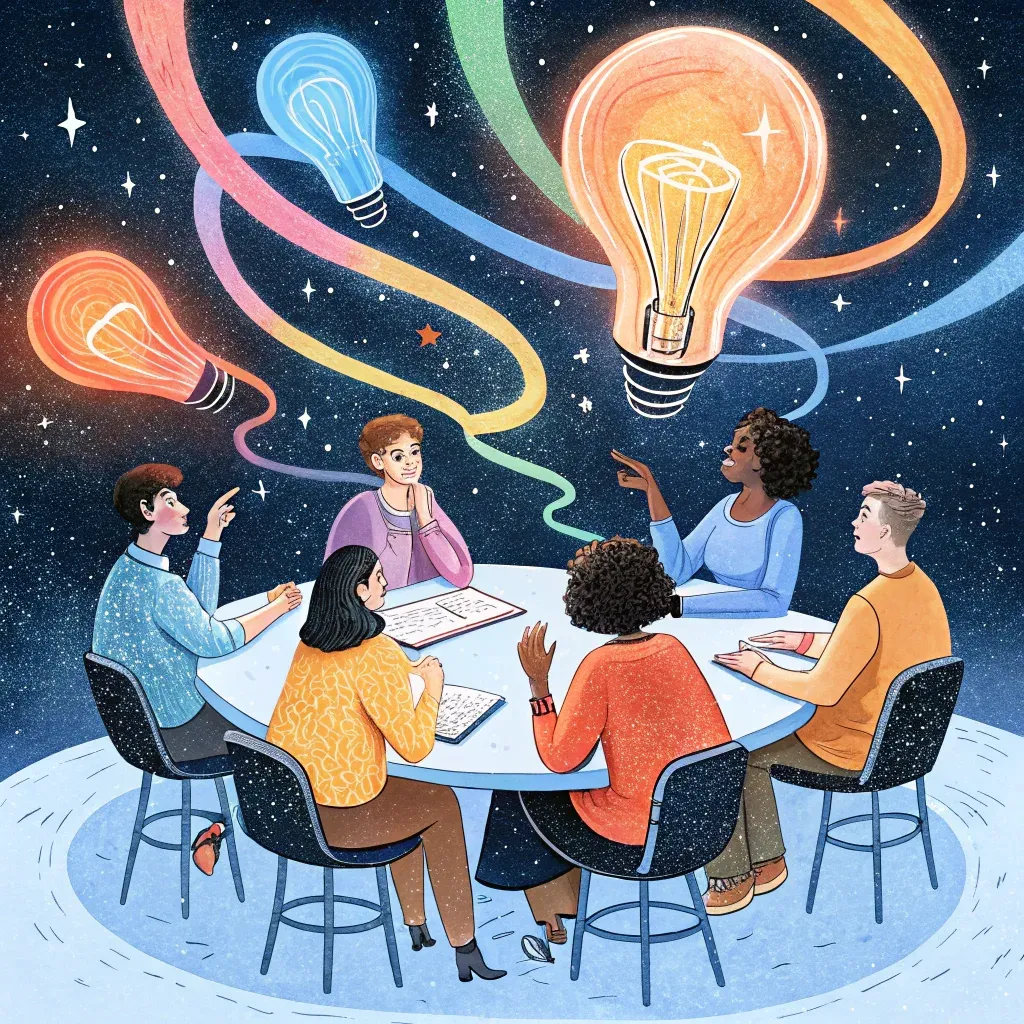 Diverse group of professionals brainstorming with light bulbs representing ideas flowing above their meeting table