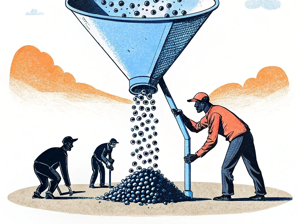 Illustration of a funnel filtering balls with workers managing the process, symbolizing idea screening in NPD