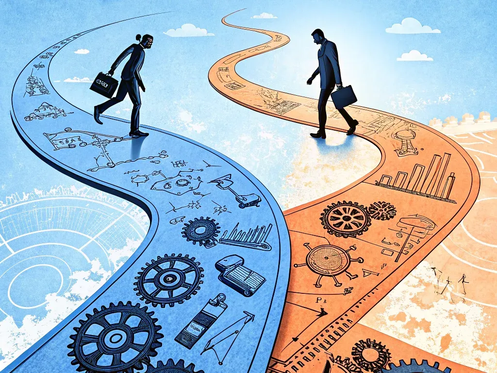 Illustration of two professionals on diverging paths defined by marketing and engineering concepts in product development