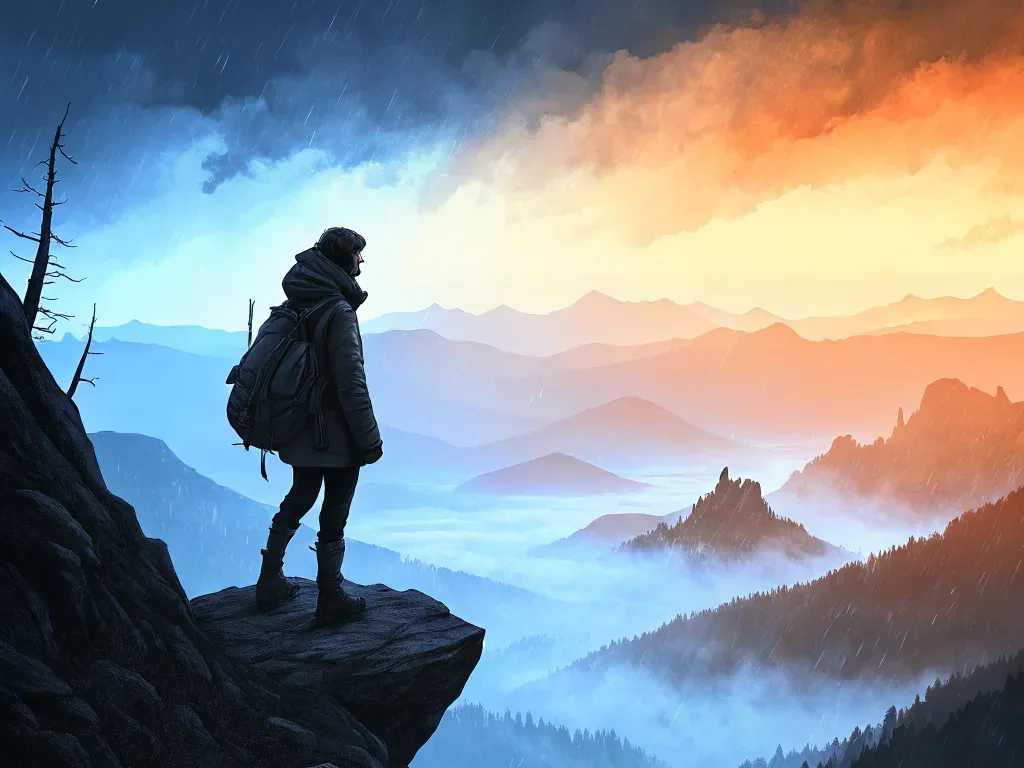 Explorer standing at the edge of a cliff overlooking a misty mountain range at sunrise