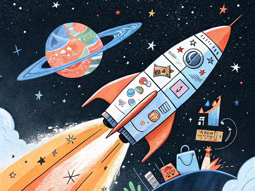 Illustration of a rocket launching into space with various symbols representing new product development steps on its hull