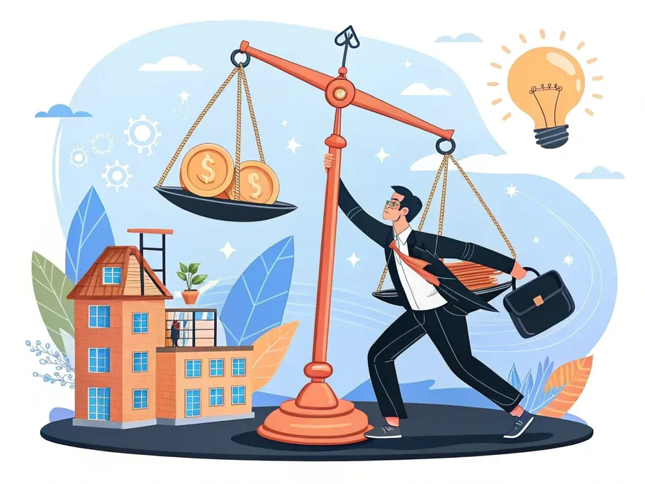 Illustration of a businessman balancing a giant scale with a house and money coins on one side and a light bulb on the other