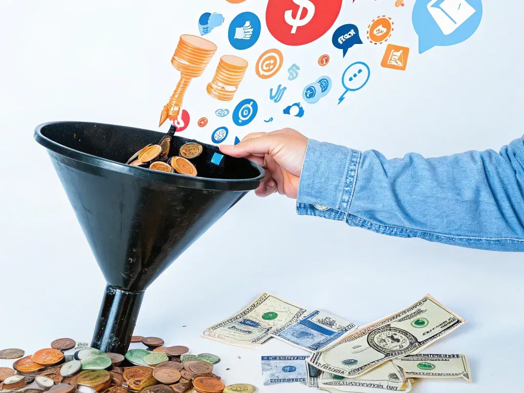A graphical representation of converting digital engagement into revenue through a funnel, symbolizing Marketing Efficiency Ratio (MER)