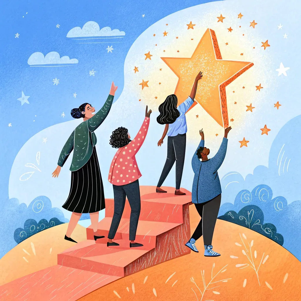 Illustration of four diverse people collaborating to reach and place a large star atop a staircase, symbolizing teamwork and goal achievement in buyer persona creation.