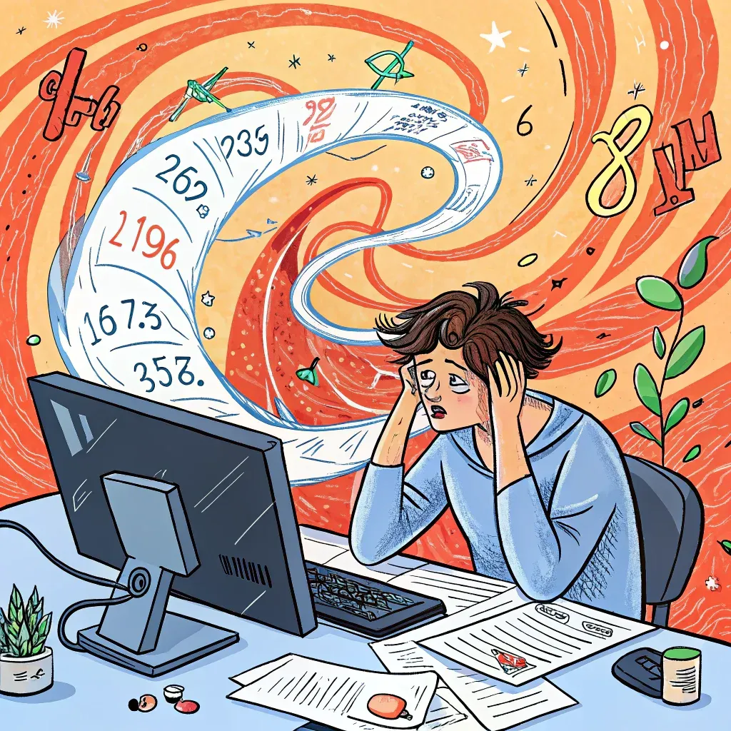 Illustration of a person overwhelmed by data with numbers and charts swirling around them, representing complex buyer behaviors