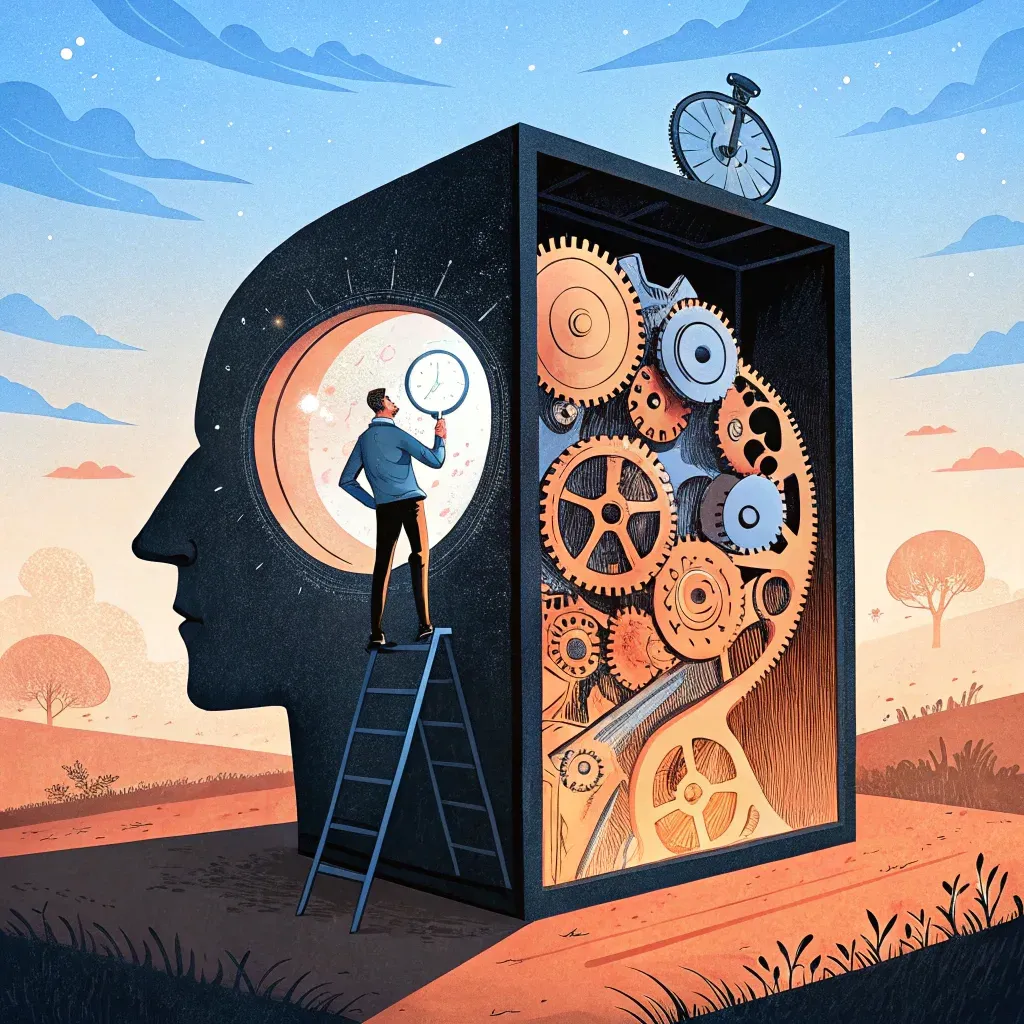 Illustration of a human head with a side cutaway revealing intricate gears and cogs inside, with a man on a ladder adjusting the mechanism