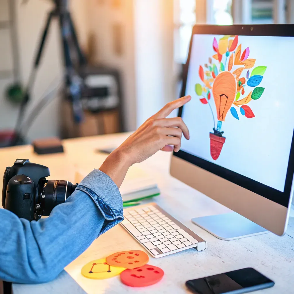 Graphic designer reviewing a creative design of a colorful tree with a lightbulb