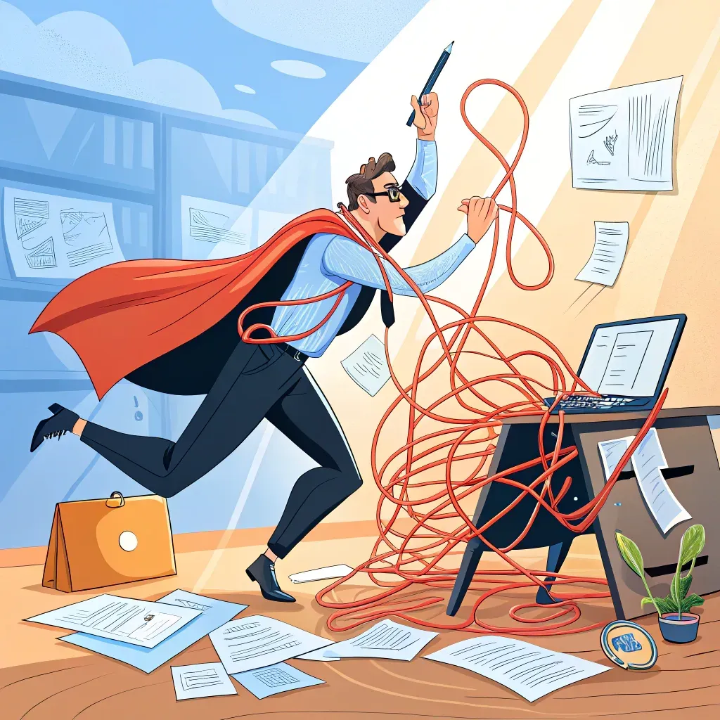 Illustration of a superhero businessman untangling a large red cable in an office setting