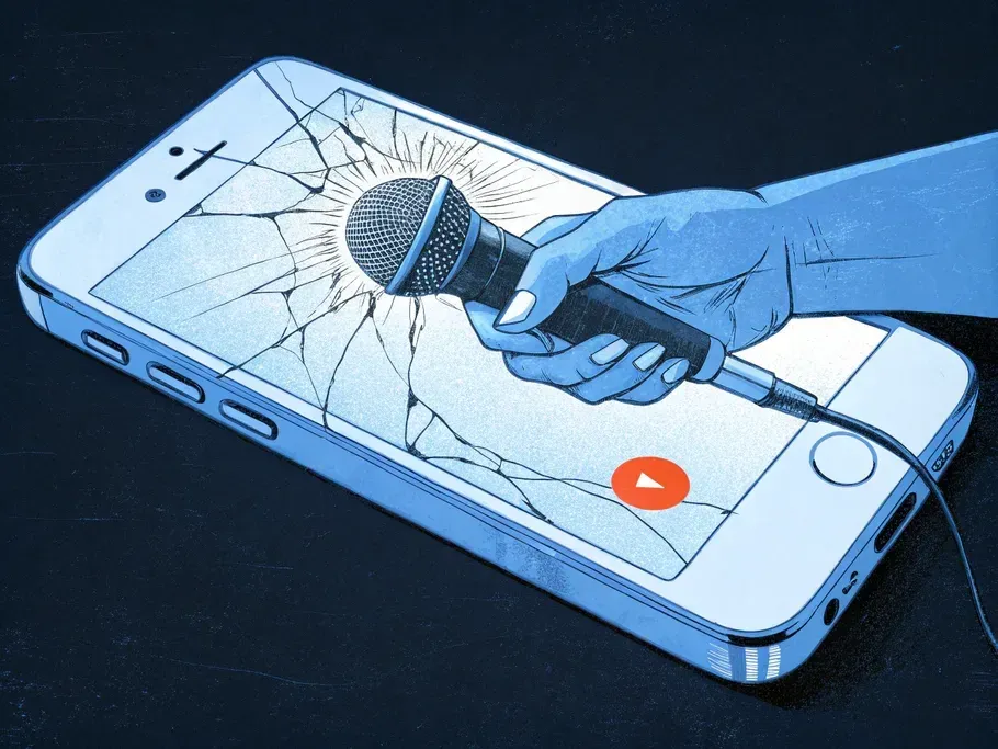 Illustration of a microphone being inserted into a smartphone with a cracked screen, depicting content creation and digital disruption.