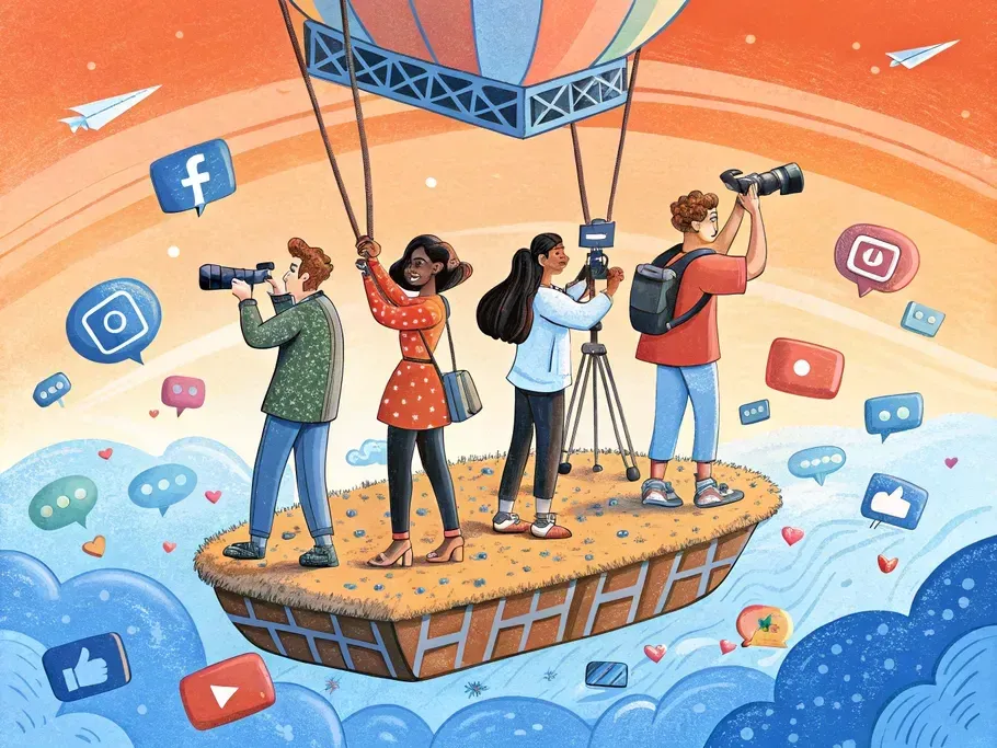 Illustration of three content creators on a floating island with social media icons and a hot air balloon in the background