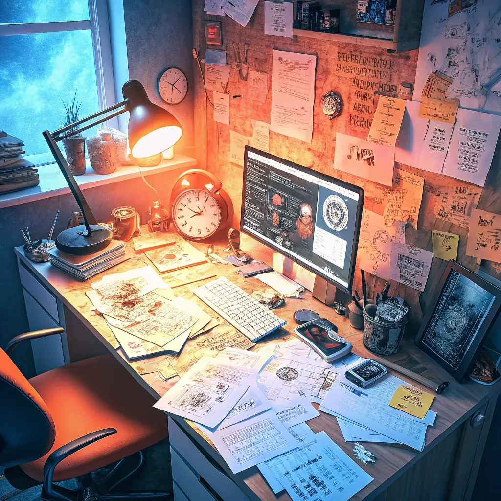 Organized chaos of a creative professional's workspace with notes, sketches, and digital tools illuminated by desk lamp and computer screen