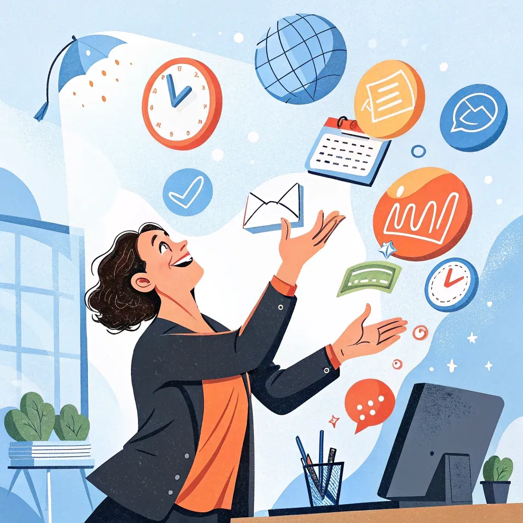 Illustration of a woman managing tasks efficiently with various productivity icons