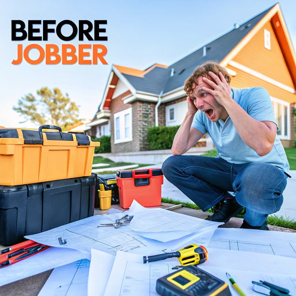 Frustrated home service professional sitting with tools and plans, looking overwhelmed before using Jobber