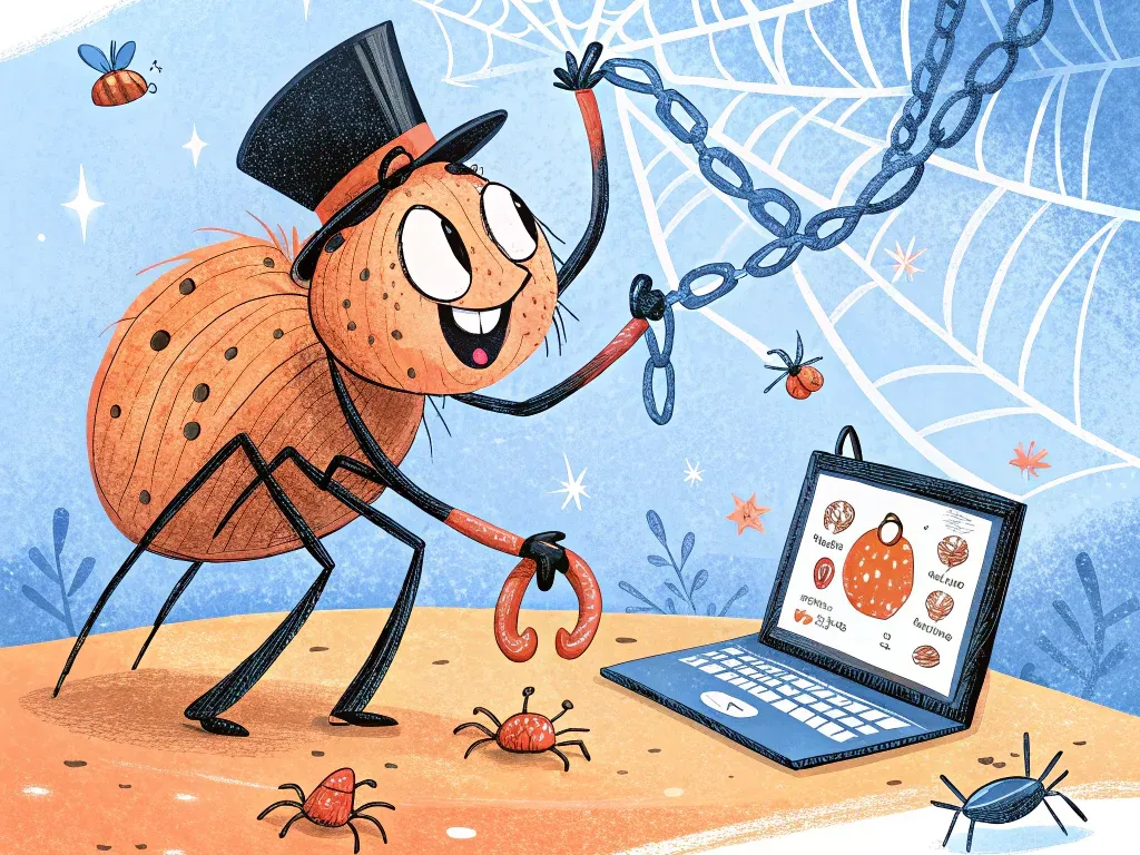 Illustrated spider building a web from chains symbolizing network building in SEO