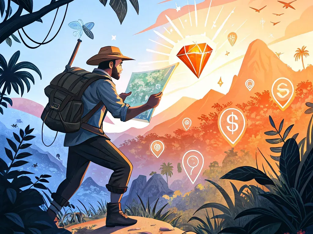 Illustration of an explorer with a map, locating valuable backlinks and SEO strategies in a tropical landscape