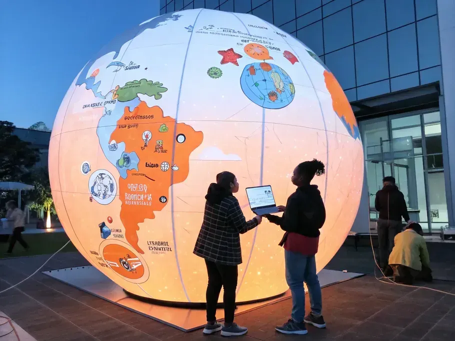 People interacting with a large illuminated globe featuring educational icons at an educational event