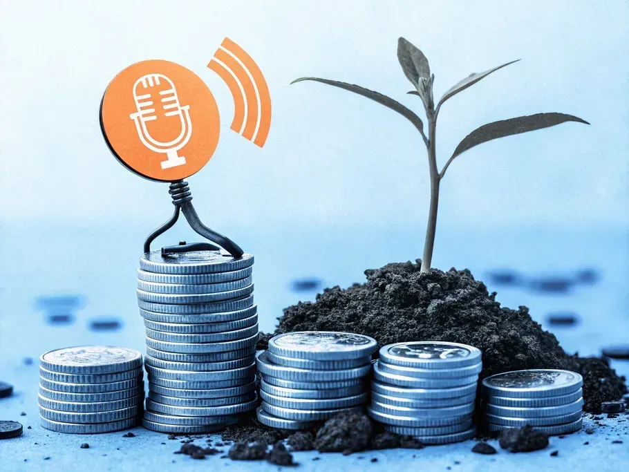 Podcast microphone symbol on stacked coins with a growing plant, illustrating investment in podcast market growth