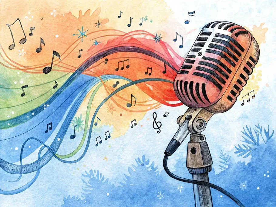 Colorful artistic representation of a microphone with musical notes and vibrant waves symbolizing audio content