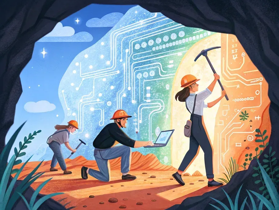 Illustration of a team using agile methodologies in project management with digital and physical tools