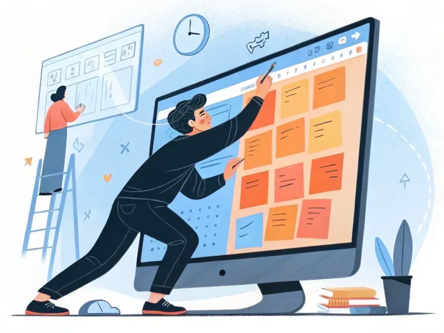 Illustration of two software developers organizing tasks on a large digital board representing agile project management