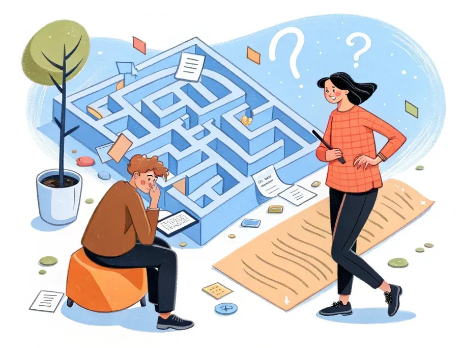 Illustrative representation of user research recruitment concept, showing two individuals navigating a complex maze filled with research tools and user feedback notes.
