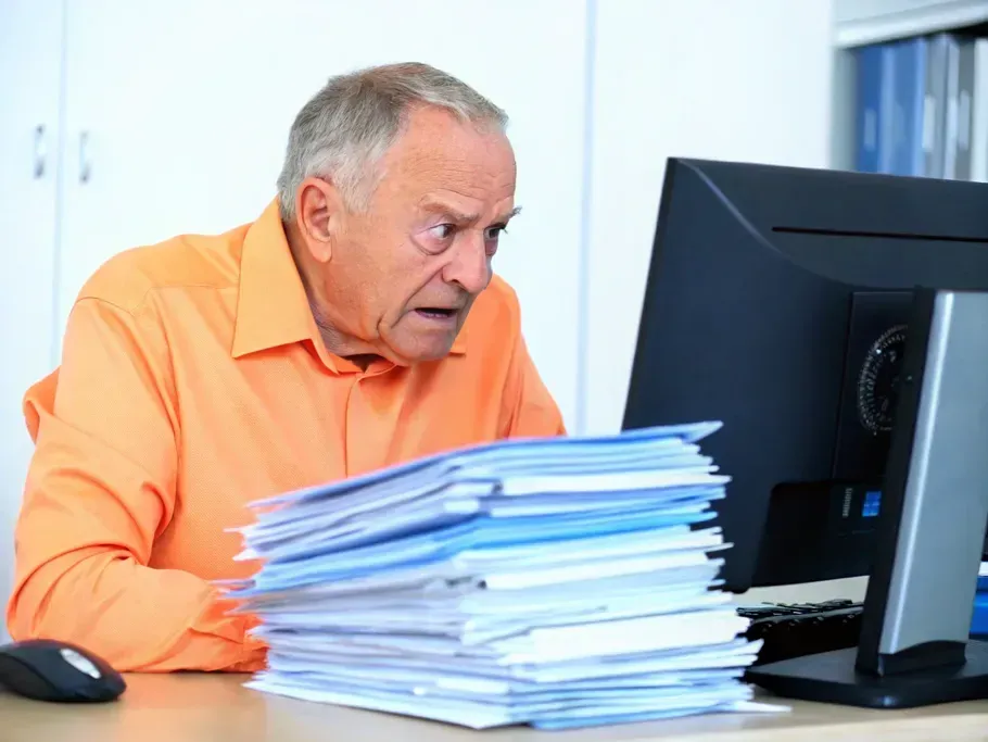 Senior man looking stressed while working on a computer with a large stack of papers next to him