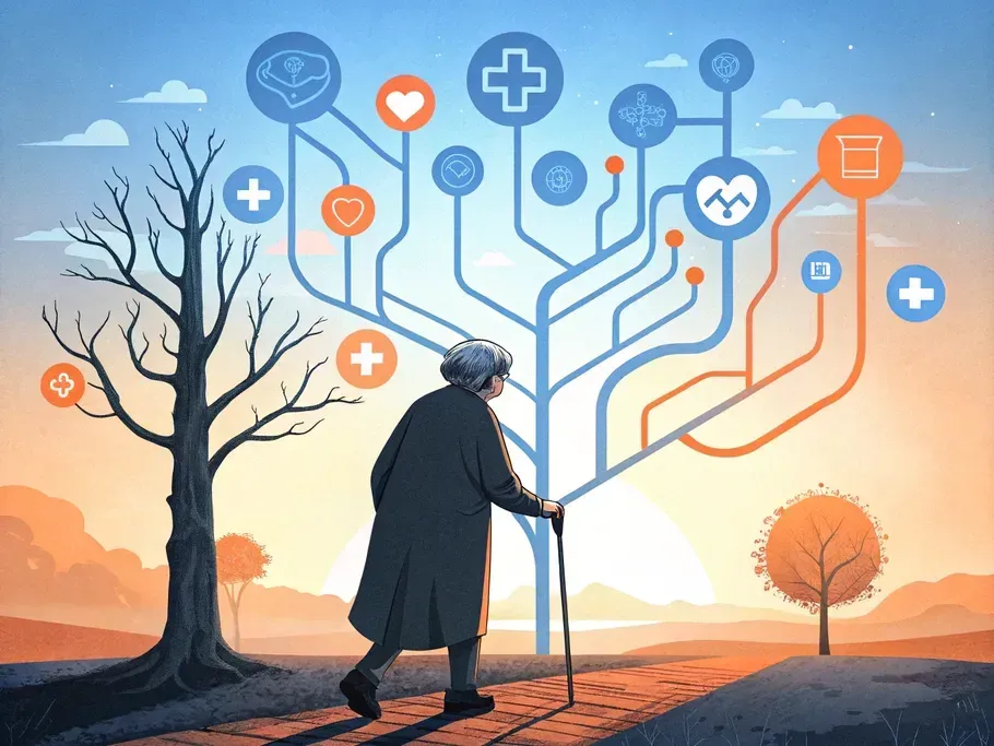 An elderly woman walks on a path, illustrating a blend of personal and digital healthcare connections symbolized by tree-like structures with medical icons