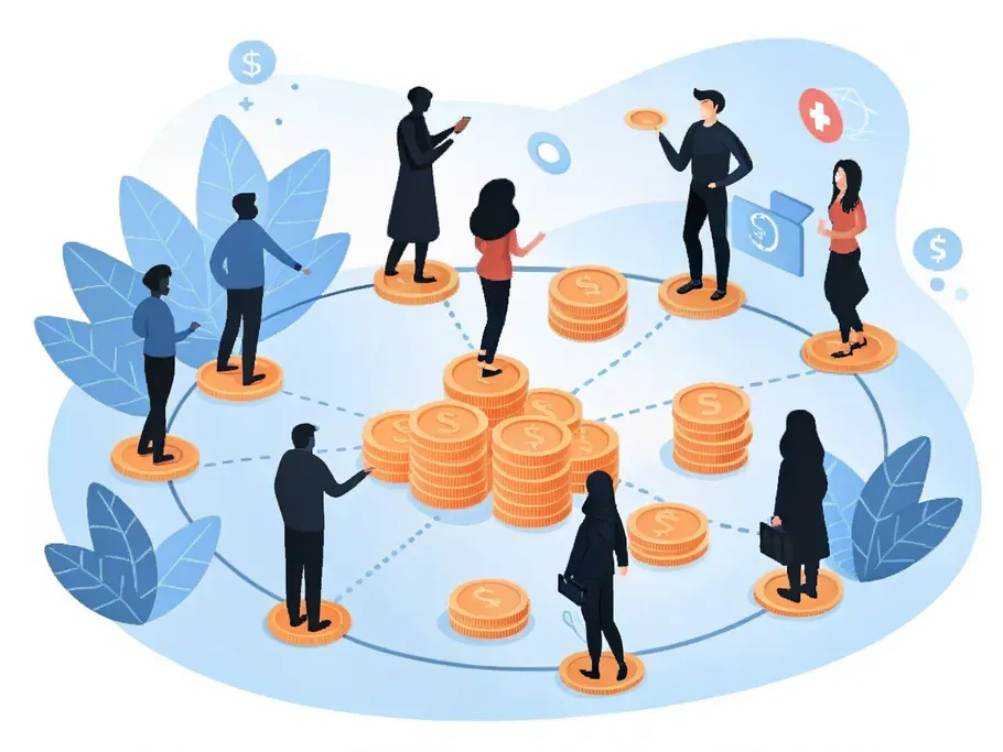 Abstract illustration of interconnected people in a circle with golden coins, representing a paid online community platform.