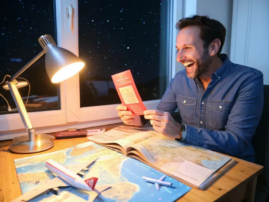 Man planning a journey with a map and a passport, expressing joy at spontaneous travel opportunities