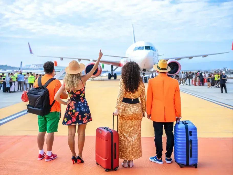 Three travelers waving at arriving plane on the airport runway, dressed in bright vacation attire