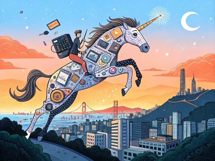 Illustration of a unicorn adorned with creative and educational icons soaring over a cityscape at sunset, symbolizing Domestika's innovative approach in the online creative education market.