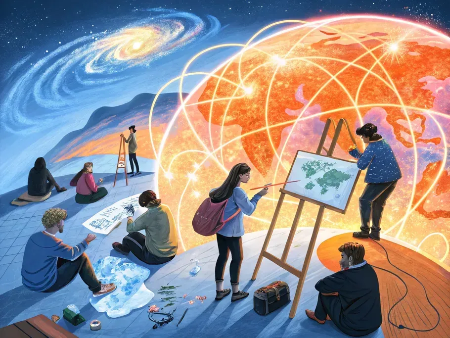 Illustration of creative individuals engaging in various artistic activities around a vibrant, digitally-enhanced globe depicting online creative education