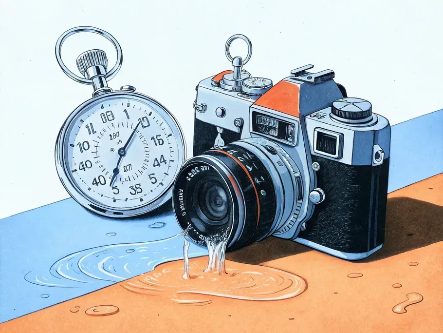Illustration of a vintage camera and stopwatch melting on a dual-tone surface, symbolizing rapid and transformative e-commerce content creation